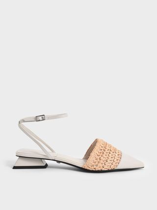 Charles & Keith + Chalk Leather & Raffia Ankle-Strap Pumps
