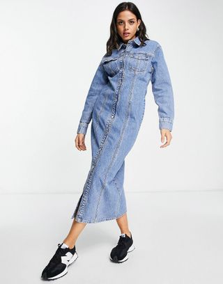 ASOS + Cotton Blend Denim Shirt Midi Dress