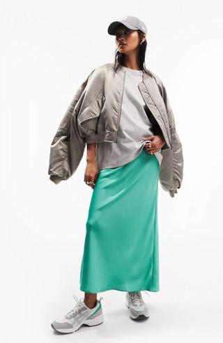 Asos Design + Bias Cut Satin Midi Skirt