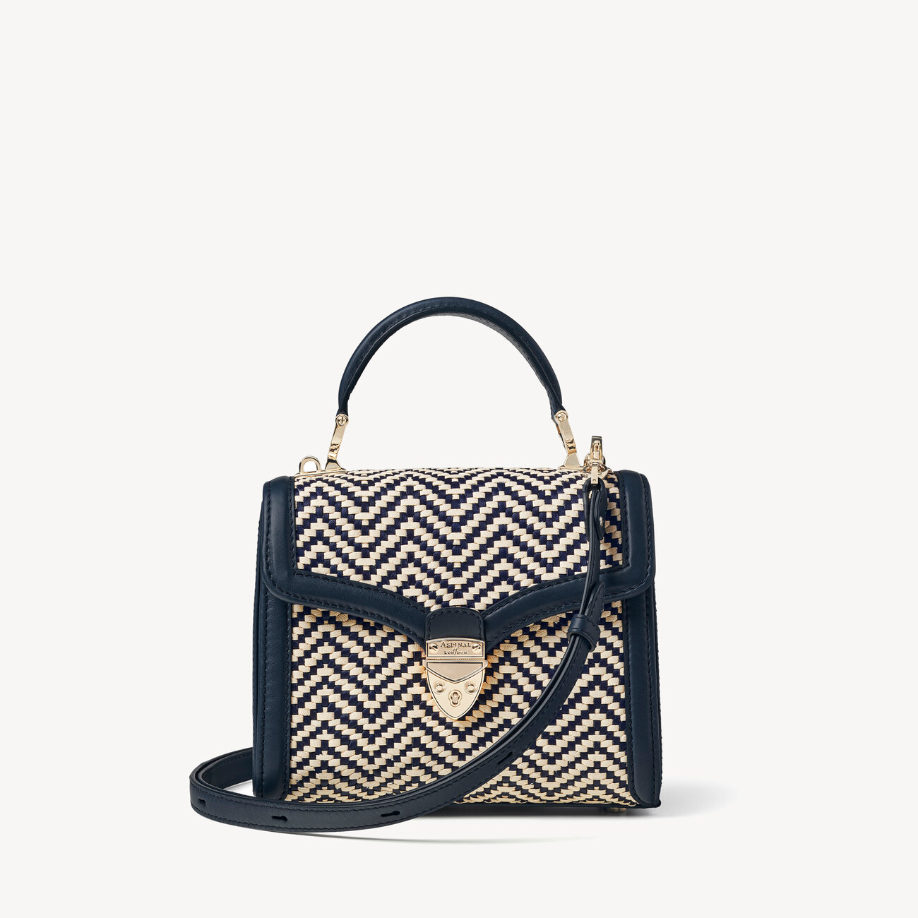 Aspinal of London + Midi Mayfair Bag in Navy & Ivory Chevron Weave