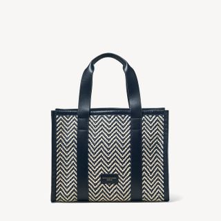 Aspinal of London + Small Henley Tote in Navy & Ivory Chevron Weave