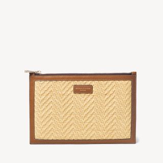 Aspinal of London + Large Essential Flat Pouch in Natural Chevron Raffia