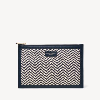 Aspinal of London + Large Essential Flat Pouch in Navy & Ivory Chevron Weave