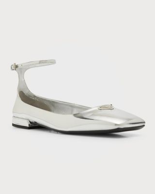 Prada + Metallic Ankle-Strap Ballerina Flats