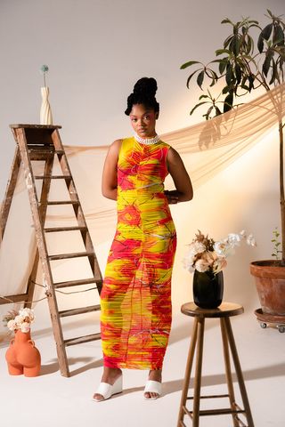 Kai Collective + Acacia Ruched Sleeveless Dress in Yellow