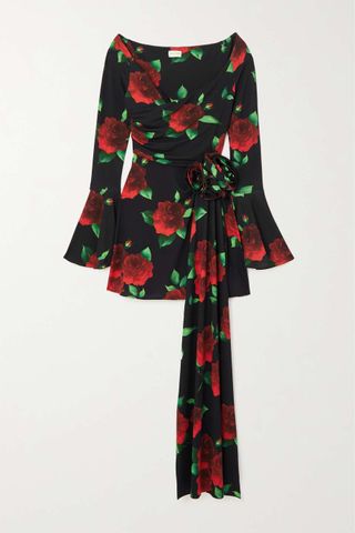 Magda Butrym + Off-the-Shoulder Embellished Floral-Print Stretch-Crepe Mini Dress