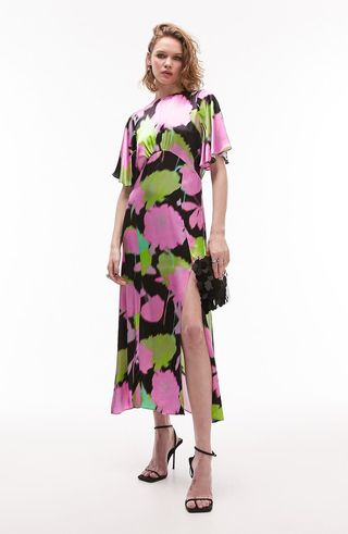 Topshop + Abstract Floral Flutter Sleeve Satin Dress