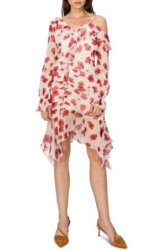 Melloday + Floral One-Shoulder Long Sleeve Chiffon Dress
