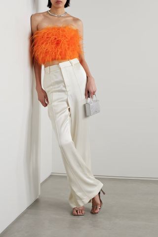 Lapointe + Strapless Cropped Feather-Trimmed Top