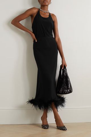 Rixo + Kelly Feather-Trimmed Crepe Midi Skirt