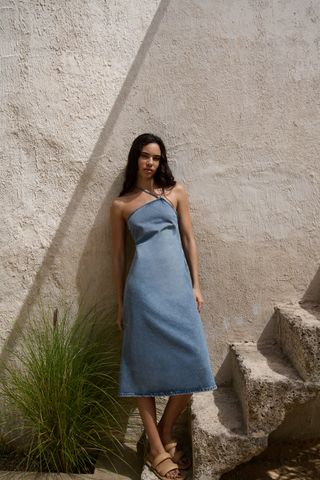 Zara + Asymmetric Denim Midi Dress
