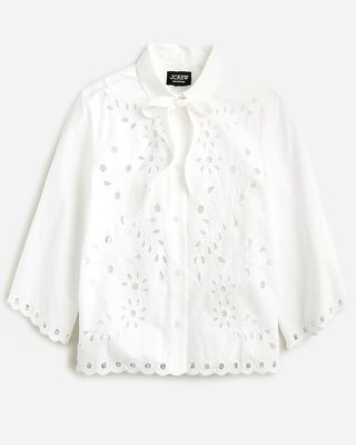 J.Crew + Button-Up Bow Top in Cotton Poplin Eyelet