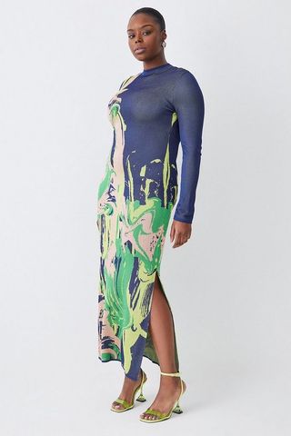 Karen Millen + Slinky Jacquard Long Sleeve Knitted Maxi Dress