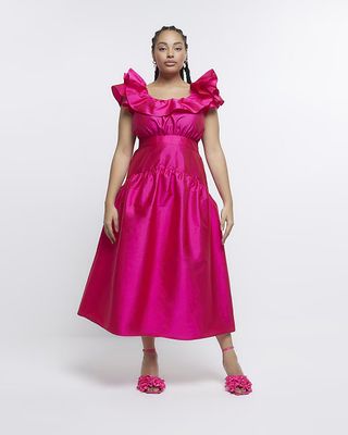 River Island + Pink Puff Sleeve Midi Dress