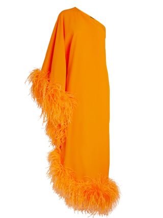 Taller Marmo + Feather-Trim Asymmetric Maxi Dress