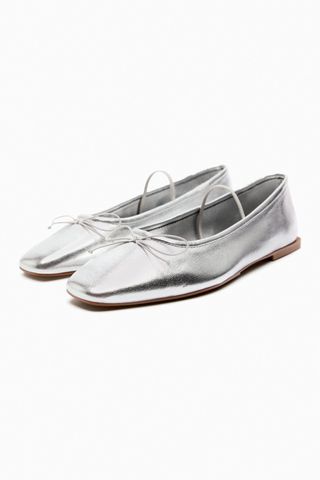 Zara + Metallic Leather Ballet Flats With Bow