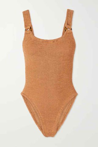 Hunza G + + Net Sustain Domino Embellished Metallic Seersucker Swimsuit