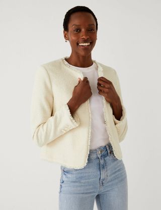 M&S Collection + Pure Cotton Tweed Collarless Jacket