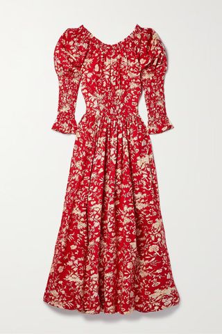 Dôen + Meribel Shirred Floral-Print Cotton-Poplin Midi Dress