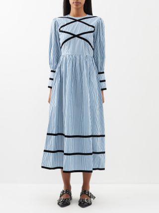 Batsheva + Clemmie Striped Cotton-Poplin Midi Dress
