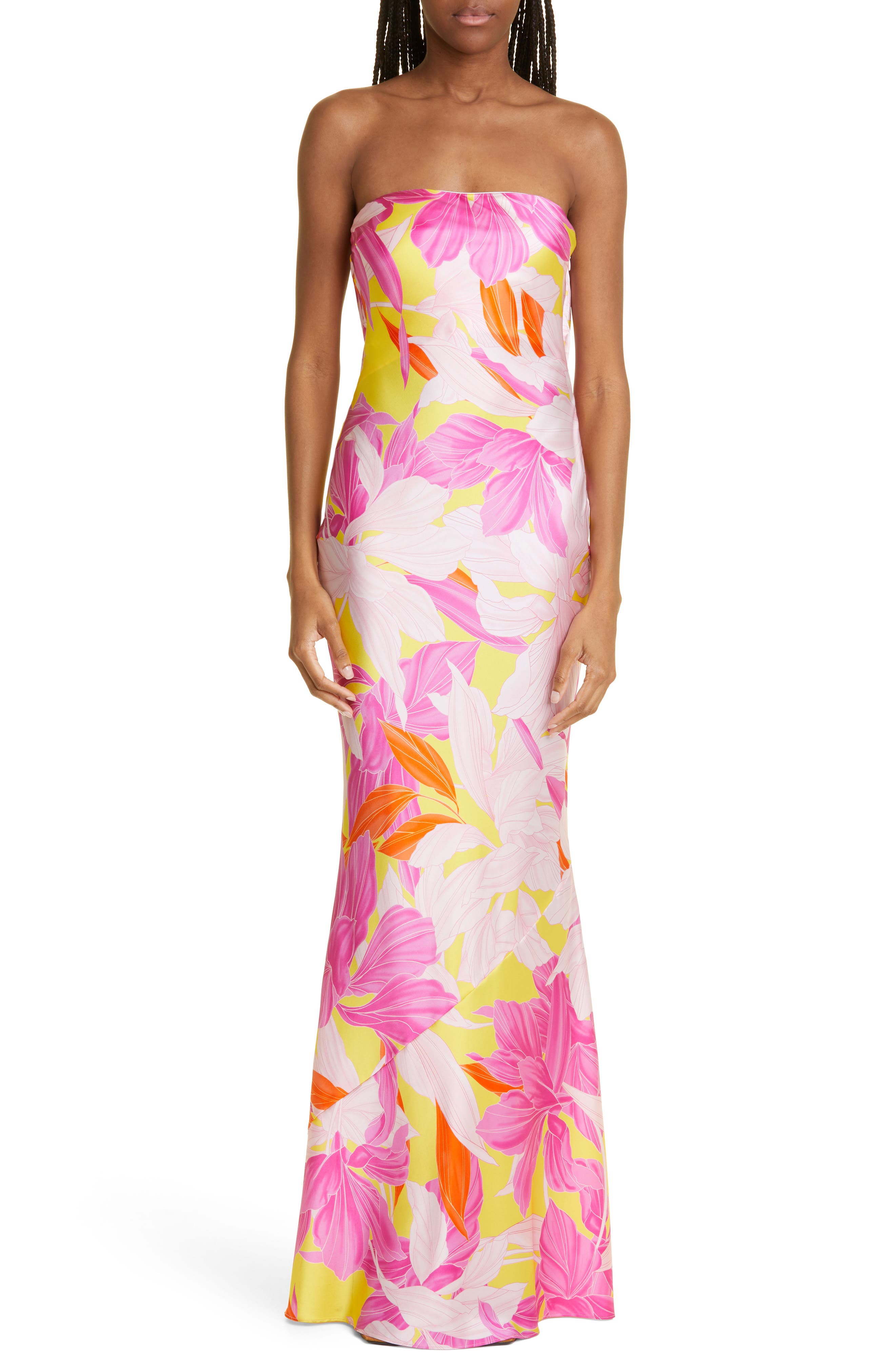 Retrofête + Keaton Floral Strapless Stretch Silk Dress