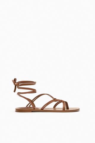 Zara + Low-Heeled Strappy Leather Sandals