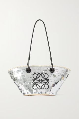 Loewe x Paula's Ibiza + Small Leather-Trimmed Paillette-Embellished Raffia Tote