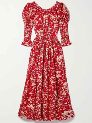 Dôen + Meribel Shirred Floral-Print Cotton-Poplin Midi Dress