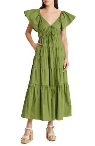 Moon River + Flutter Sleeve Tiered Stretch Cotton Maxi Dress