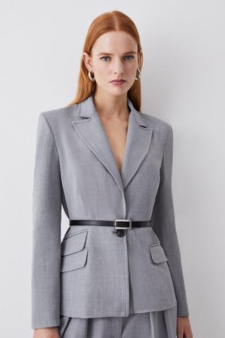 Karen Millen + Wool Blend Strong Shoulder Tailored Belted Jacket