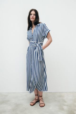 Zara + Striped Linen Blend Shirtdress