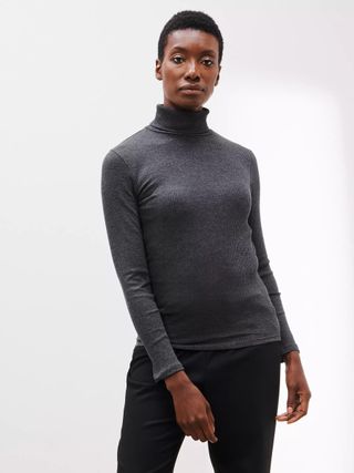 John Lewis + Plain Ribbed Roll Neck Top, Charcoal