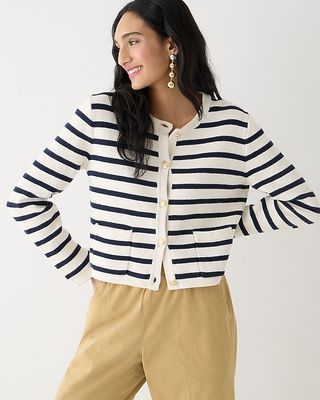 J.Crew + Emilie Patch-Pocket Sweater Lady Jacket in Stripe