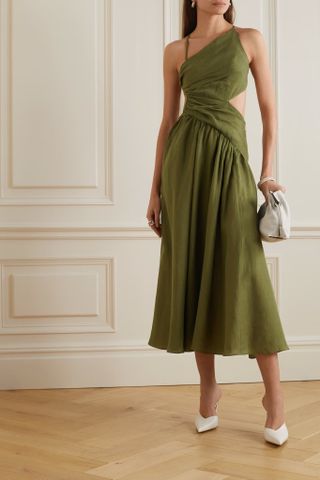 Zimmermann + Lauren Shell-Embellished Open-Back Draped Linen Midi Dress
