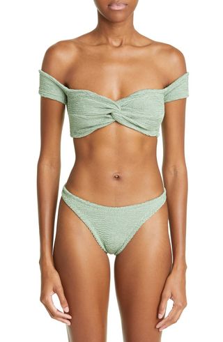 Hunza G + Brigette Off the Shoulder Seersucker Two-Piece Swimsuit