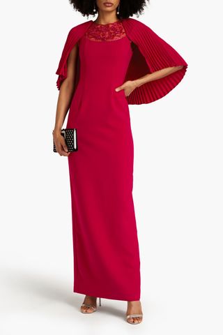 Theia + Cape-Effect Embellished Crepe Gown
