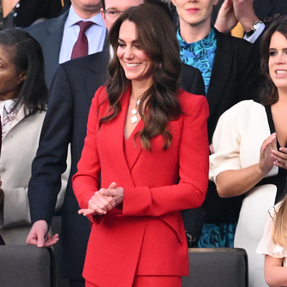 Kate Middleton wears red suit by Alexander McQueen for Shaping Us launch