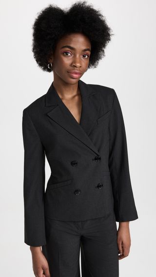 Ganni + Drapey Melange Fitted Double Breasted Blazer