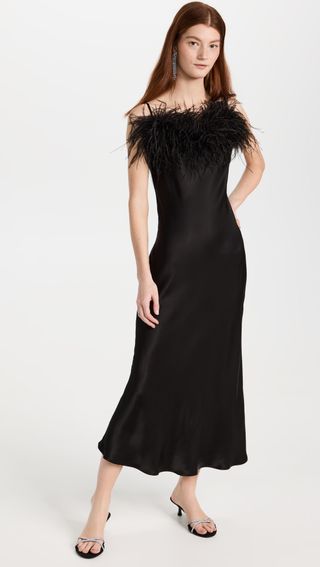 Sleeper + Boheme Slip Dress With Feathers in Black