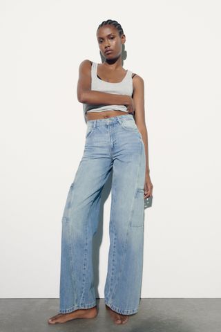 Zara + Mid-Rise Cargo Jeans