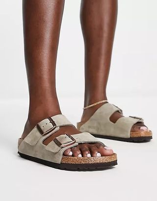 Birkenstock + Arizona Suede Flat Sandals in Taupe