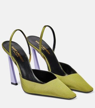 Saint Laurent + Blade Slingback Pumps in Shantung and Patent Leather