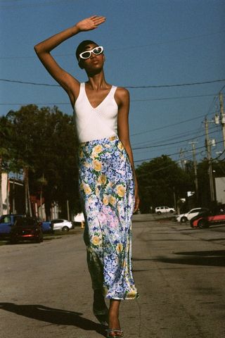Zara + Floral Satin Effect Skirt