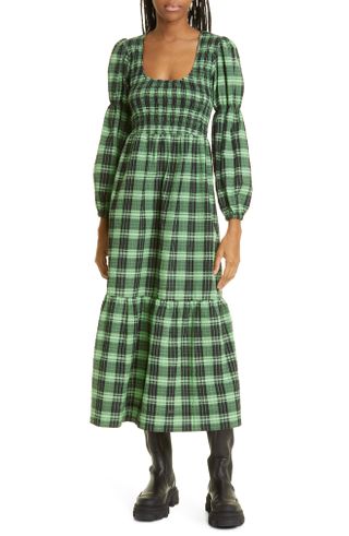Ganni + Check U-Neck Long Sleeve Organic Cotton Blend Maxi Dress