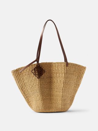 Loewe + Shell Leather-Trim Raffia Basket Bag