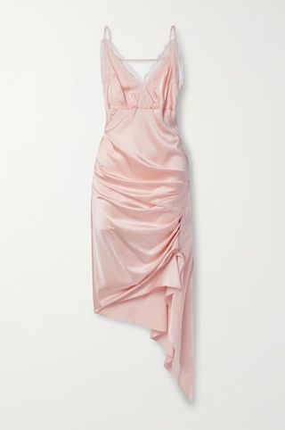 Commission + Saloon Asymmetric Lace-Trimmed Gathered Silk-Satin Dress