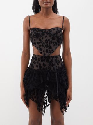 Yuhan Wang + Floral-Flocked Mesh Corset Top