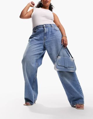Asos Curve + Asos Design Curve Baggy Boyfriend Jeans in Mid Blue