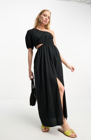 ASOS Design + Cutout One-Shoulder Cotton & Linen Maxi Dress