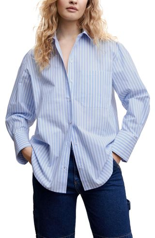 Mango + Oversize Stripe Long Sleeve Cotton Button-Up Shirt